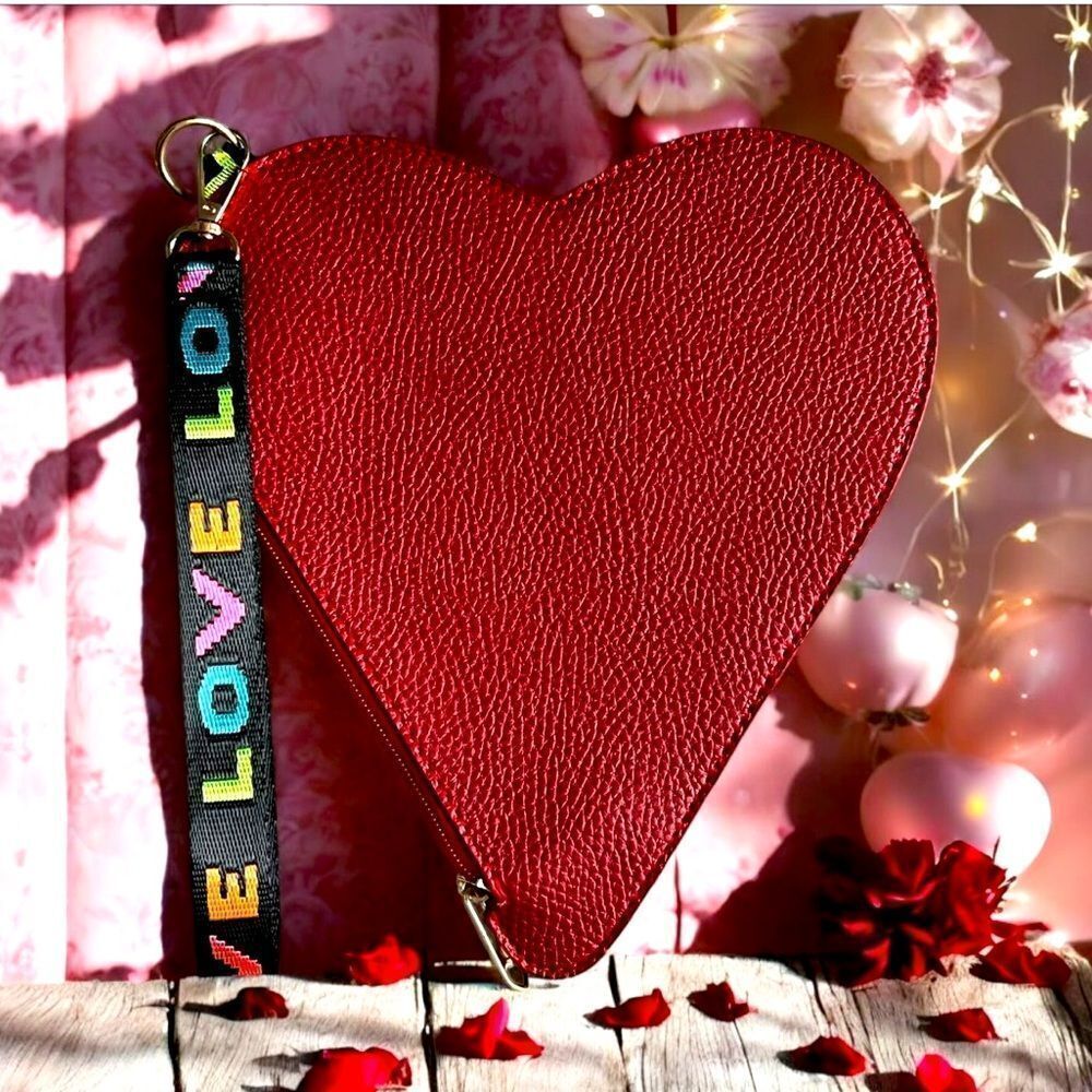 Red Heart-Shaped Clutch with LOVE Strap NWOT